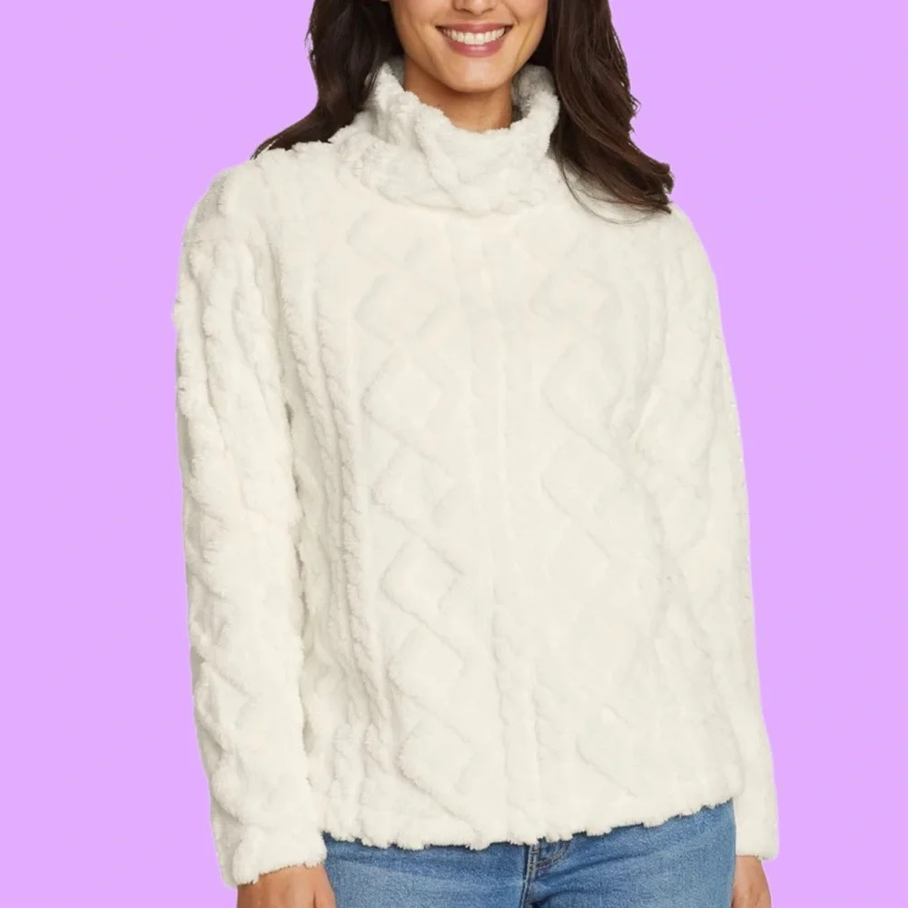 Eddie Bauer Cozy Cable Fleece Pullover Mock Neck Ivory/Cream - Picture 10 of 13